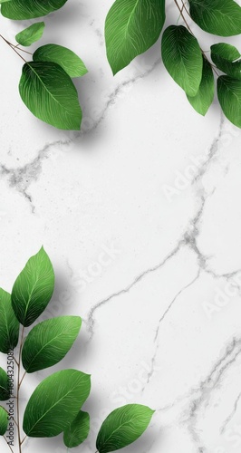 Green leaves on white marble background
