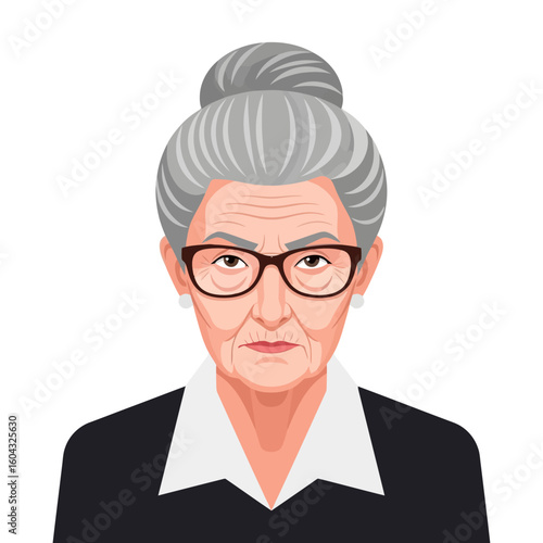 Woman Portrait with Glasses and Grey Hair in a Bun Vector