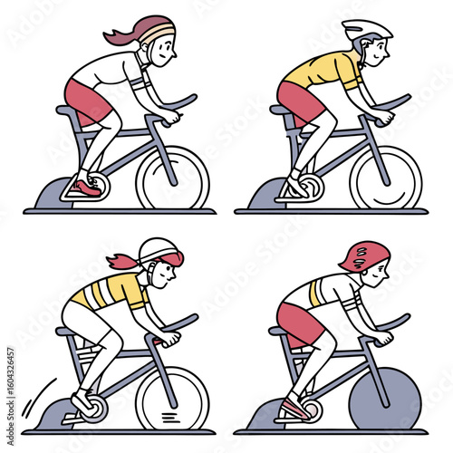 Four diverse individuals two men and two women engaged in indoor cycling workouts on stationary bikes showcasing a commitment to fitness and healthy lifestyles