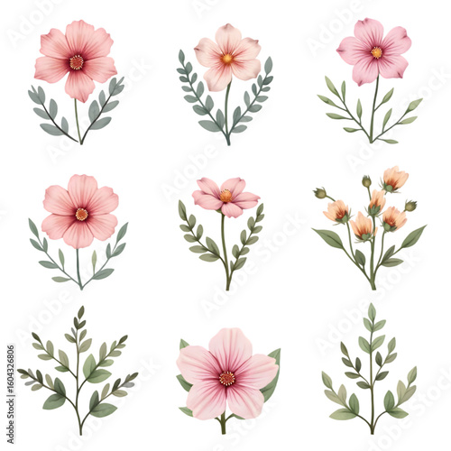 Wallpaper Mural Floral Design Elements Pink Flower and Greenery Isolated on Black Torontodigital.ca