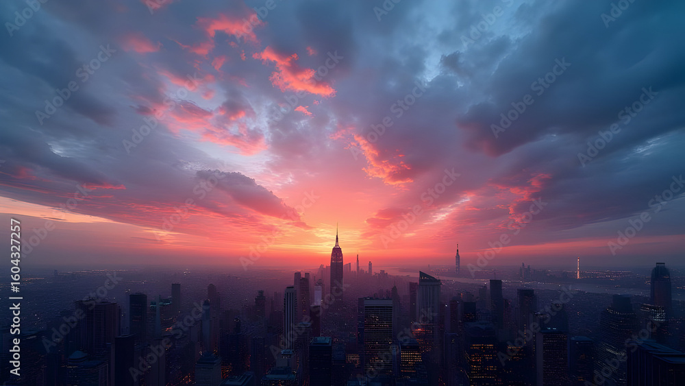 Fototapeta premium Surreal Sunset Skyline Over Futuristic Cityscape