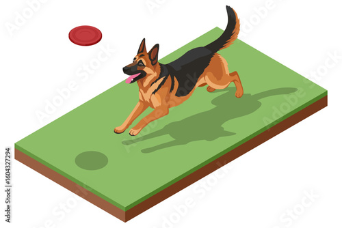 An isometric illustration of a German Shepherd dog chasing a red frisbee across a green lawn, showcasing dynamic pet activity and outdoor play