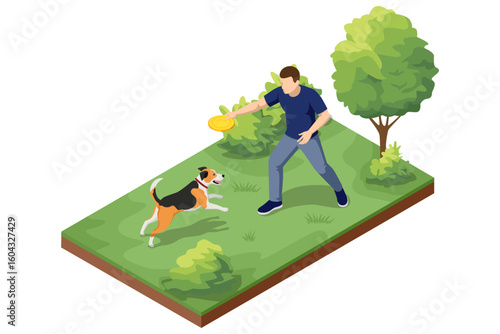 An isometric illustration of a man playing fetch with a dog on a green lawn. He is throwing a yellow frisbee, and the dog is enthusiastically running towards it in an outdoor setting with bushes and a