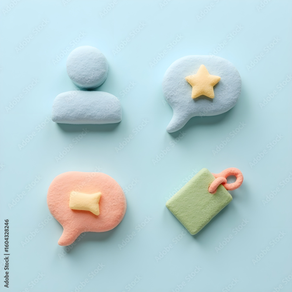 Fototapeta premium Social media icons and symbols, communication concept on pastel blue background