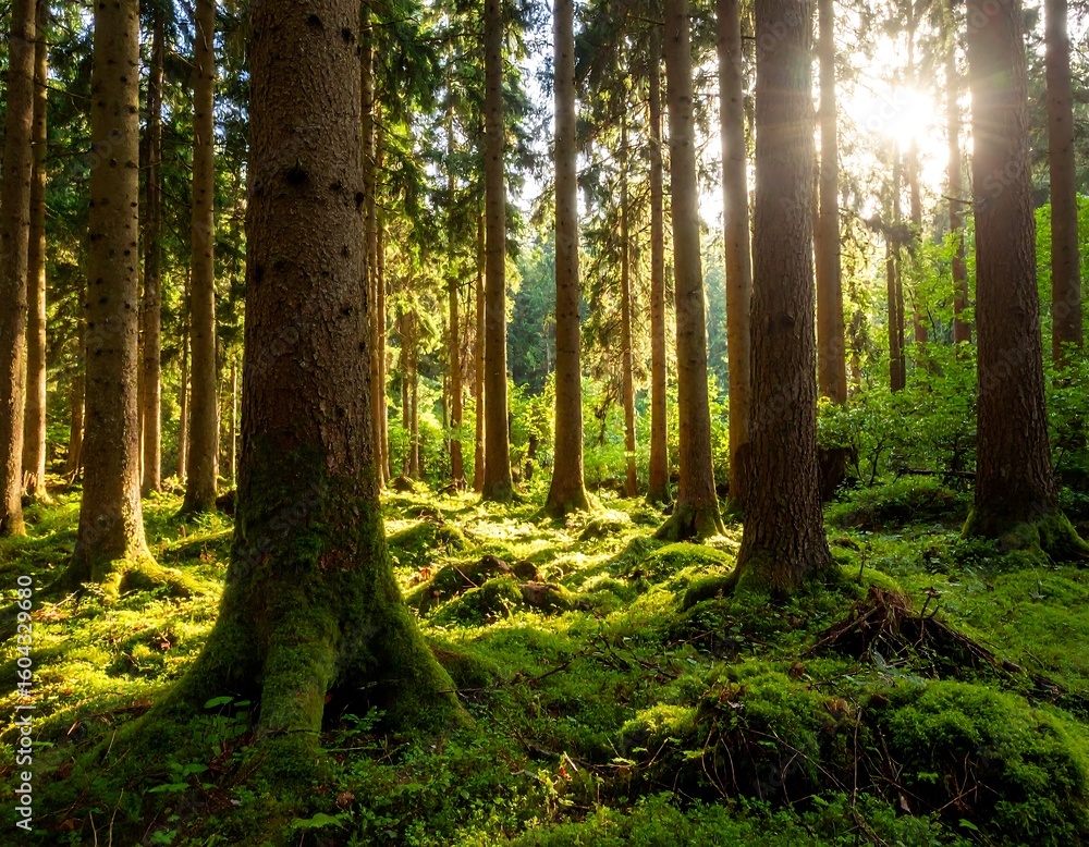 Fototapeta premium Sunlit forest floor with tall trees