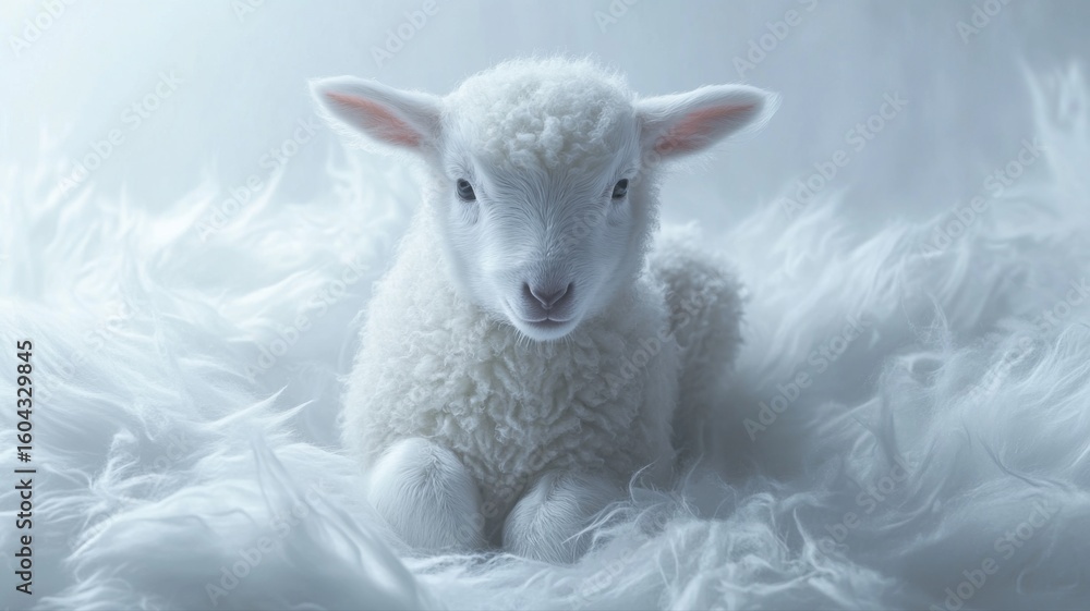 Fototapeta premium Cute White Lamb Sitting on Soft Fluffy Background lamb fluffy soft sitting baby sheep cute lamb wool