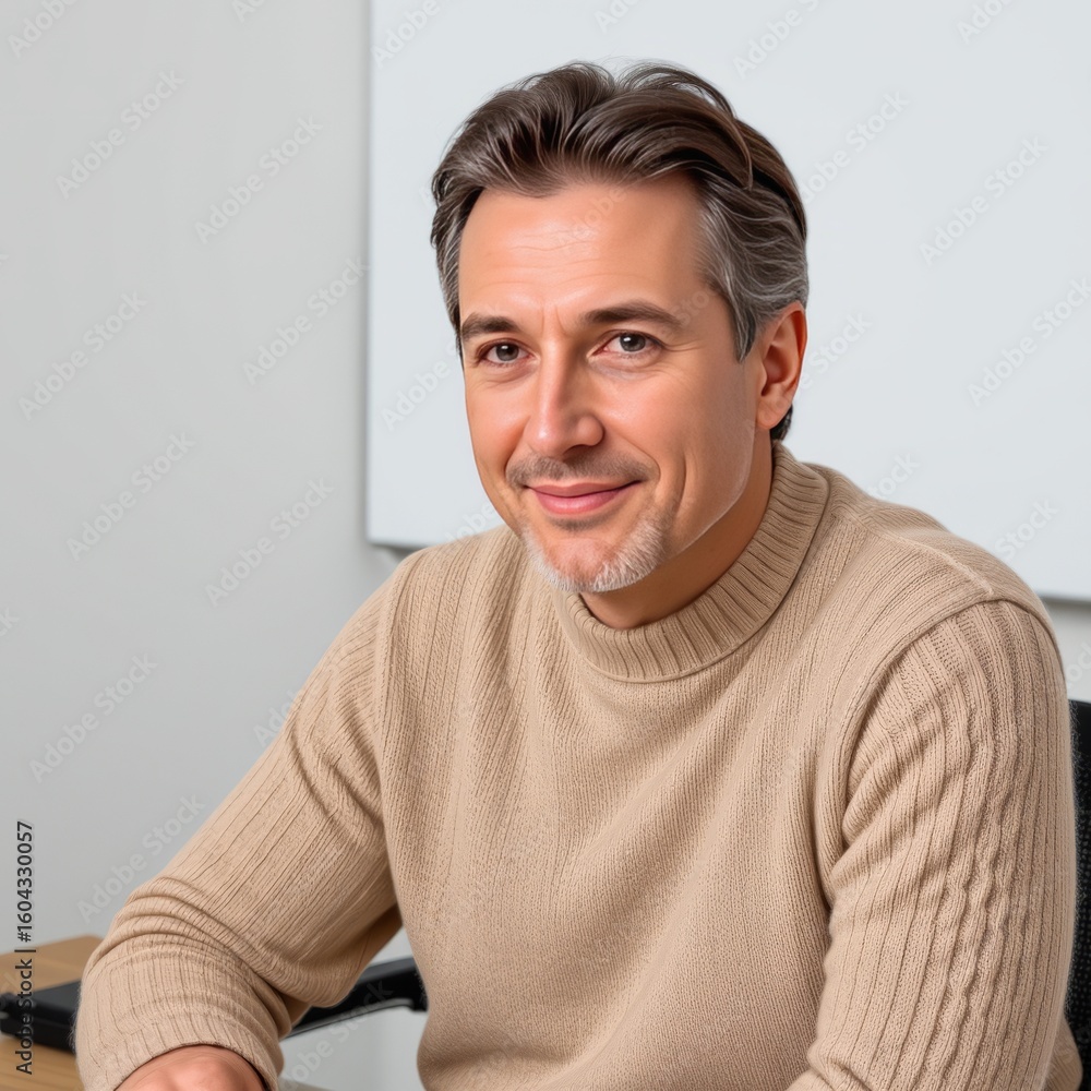 Fototapeta premium Middle-aged man with average facial features, in a relaxed pose, wearing a beige knit sweater, sitting at a desk, white background