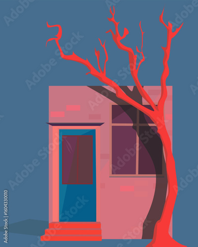 house on blue background illuminated by sun with tree. Desert, abandoned house, hand drawn illustration, place for text, poster