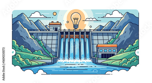Hydroelectric Power Plant with Waterfall and Mountain Background