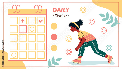 Woman exercising and tracking her daily fitness routine on a calendar promoting a healthy lifestyle and consistent workout habits for well being