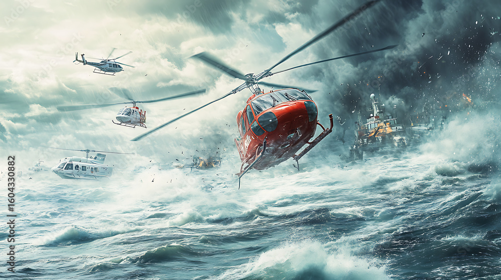 Fototapeta premium Breaking news coverage of a rescue operation, boats and helicopters 