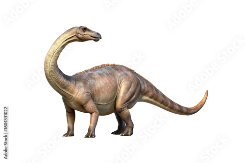 Fototapeta Naklejka Na Ścianę i Meble -  Realistic brown Brontosaurus dinosaur with detailed texture and long curved neck in side profile pose, isolated on a transparent background