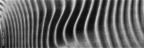Surrealistic halftone waves background. Curve lines pattern in black and white monochrome. Vector horizontal wallpaper.