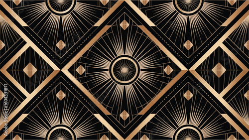 Black and gold art deco sunburst and diamond geometric pattern vector