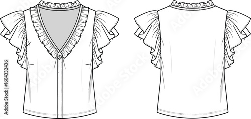 CAD drawing flat vector illustration, ruffled sleeveless blouse sketch, V-neck button front design, layered frill sleeve fashion template