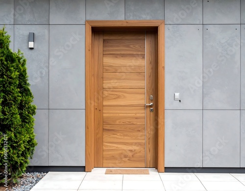 Modern wooden door on a light gray wall