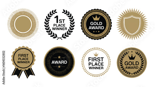 Collection of eight vintage style gold and black award badges and seals vector
