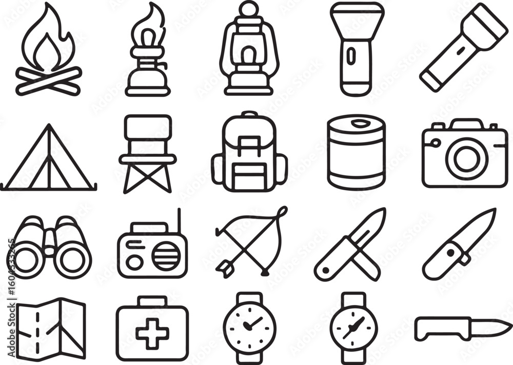 Obraz premium Camping gear icons fire lantern flashlight backpack binoculars camera vector