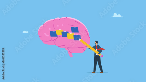 Businessman write sticky notes on human brain. Symbolizes idea memo, brainstorm or scrum sticky notes, productive plan, memory or task reminder, mind map for work arrangement, thought and wisdom.
