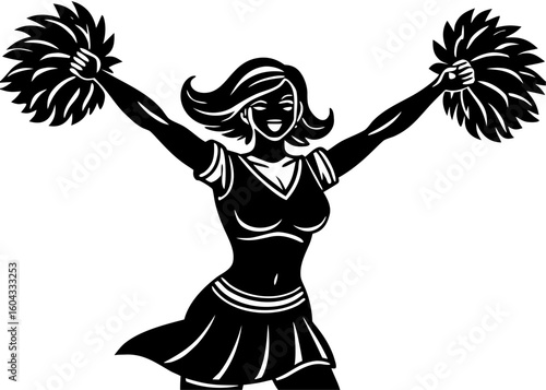 
Black and White Cheerleader Silhouette - Dynamic Pompom Pose