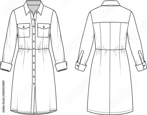 CAD drawing flat vector illustration, shirt dress sketch, flap pocket detail, gathered waist design, long sleeve buttoned fashion template