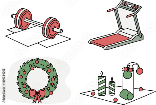 Christmas fitness and festive decor elements including a barbell treadmill wreath and candles with ornaments presented in a clean isometric illustration style