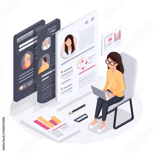 A digital interface showcasing a woman meticulously analyzing resumes and career opportunities, signifying strategic analysis and professional pursuits.