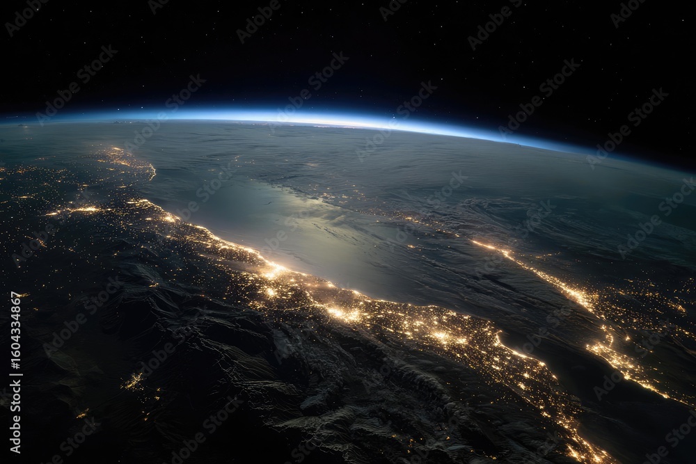 Fototapeta premium Earth at night, city lights illuminating a coastal region