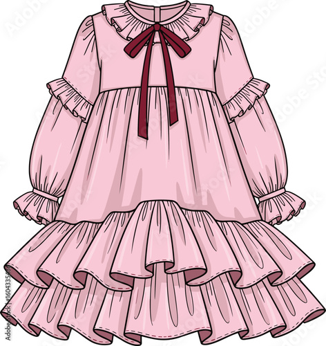 Pink long sleeve dress illustration, ruffled design with bow accent, front and back fashion template, elegant girls clothing concept, stylish apparel sketch vector artwork