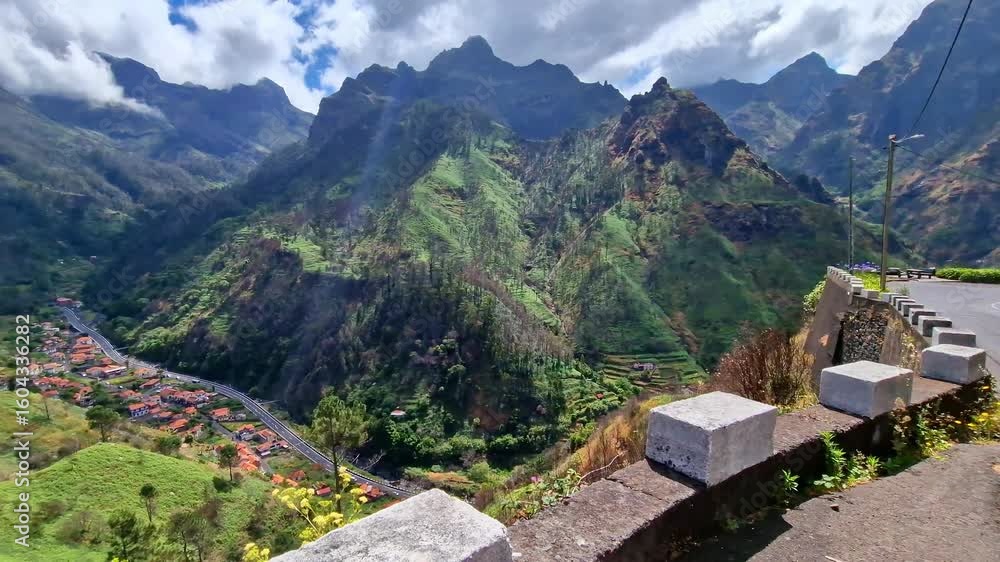 Madeira island nature beauty scenery. Stunning mountains and view points (miradours) in winding road in central part (Serra de agua). Road travel by car or hiking routes. Portugal Madeira island nature beauty scenery. Stunning mountains and view points (miradours) in winding road in central part (Serra de agua). Road travel by car or hiking routes. Portugal