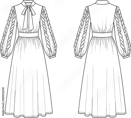 CAD drawing flat vector illustration, braided sleeve dress sketch, bow-tie neckline detail, high collar design, flowing skirt fashion template
