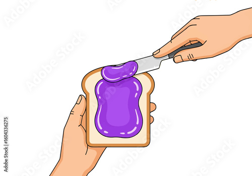 Spreading purple jam on bread with knife, simple food preparation. transparent background