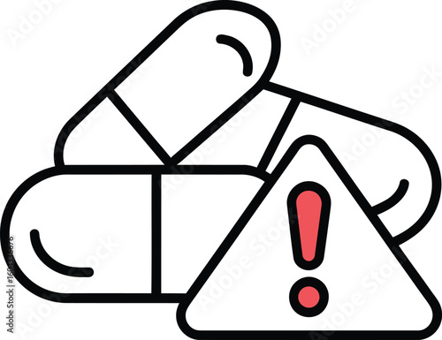 Warning symbol with pills icon representing medication danger or caution