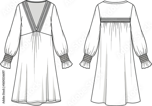CAD drawing flat vector illustration, smocked cuff dress sketch, V-neckline design, gathered back yoke, flowing silhouette fashion template