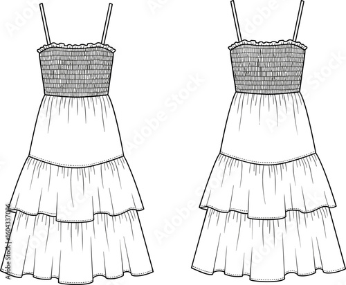 CAD drawing flat vector illustration, smocked bodice tiered dress sketch, ruffled neckline detail, spaghetti strap silhouette, fashion template
