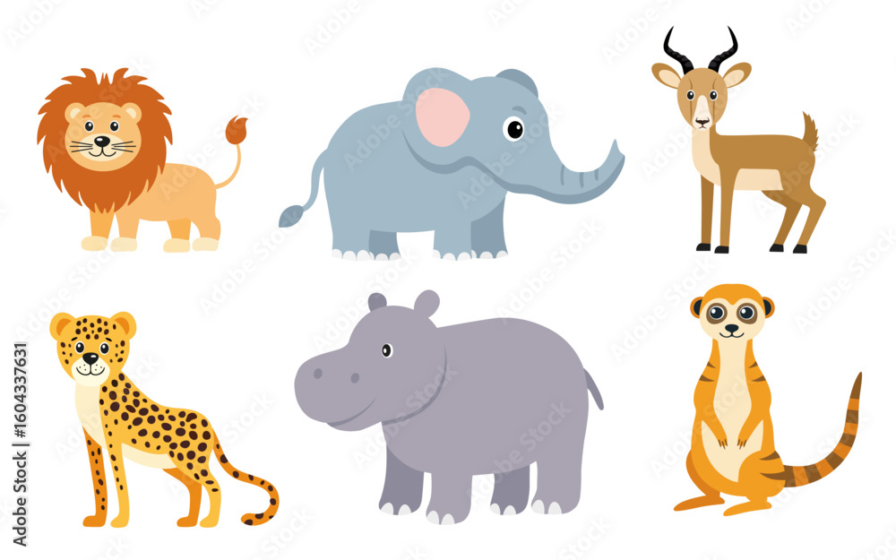 Fototapeta premium Sets of savanna, safari animals in simple childish style. Cute animals, lion, elephant, hippo, meerkat, cheetah isolated on white background.