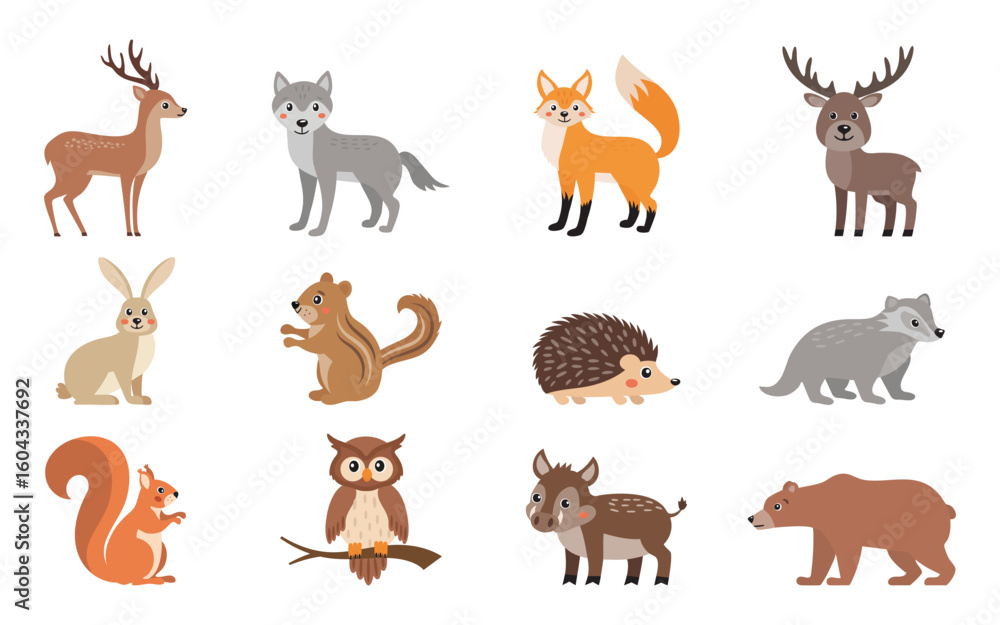 Obraz premium Icon set of woodland wild animals in cute simple kawaii style, zoo forest animals isolated on white background.
