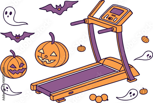 Spooky halloween treadmill workout with pumpkins bats and ghosts for a festive fitness experience