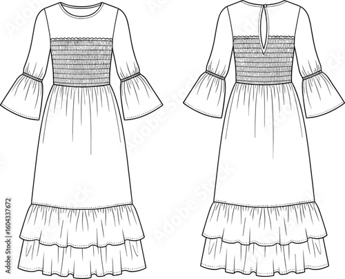CAD drawing flat vector illustration, smocked bodice dress sketch, ruffle sleeve detail, gathered tiered skirt, keyhole back fashion template