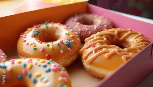 Wallpaper Mural Macro of a brightly colored donut box showcasing rainbow-sprinkle donuts, chocolate shavings toppings, confetti lightly sprinkled, warm, inviting lighting, childlike whimsy, caramel drizzle, Donuts Torontodigital.ca