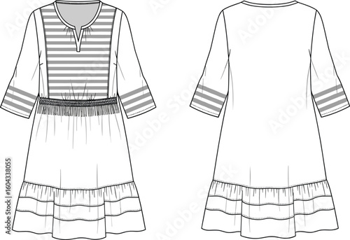 CAD drawing flat vector illustration, striped bodice long dress sketch, fringe waistband detail, tiered skirt design, fashion template layout