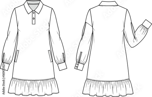 CAD drawing flat vector illustration, ruffled hem dress sketch, gathered waist design, button front closure, collared neckline fashion template