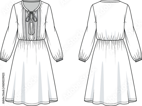 CAD drawing flat vector illustration, pleated bodice dress sketch, gathered waist detail, tie-front neckline, long sleeve fashion template