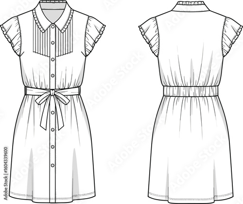 CAD drawing flat vector illustration, ruffled sleeve dress sketch, button front design, belted waist, pleated chest detail, fashion template