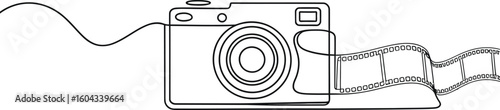 Minimalist continuous line drawing of a vintage camera with a film reel
