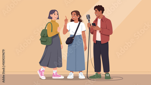 Three stylish teens chatting—microphone and phone in hand, mix of outfits and gestures in minimal background for youth media or interview concept