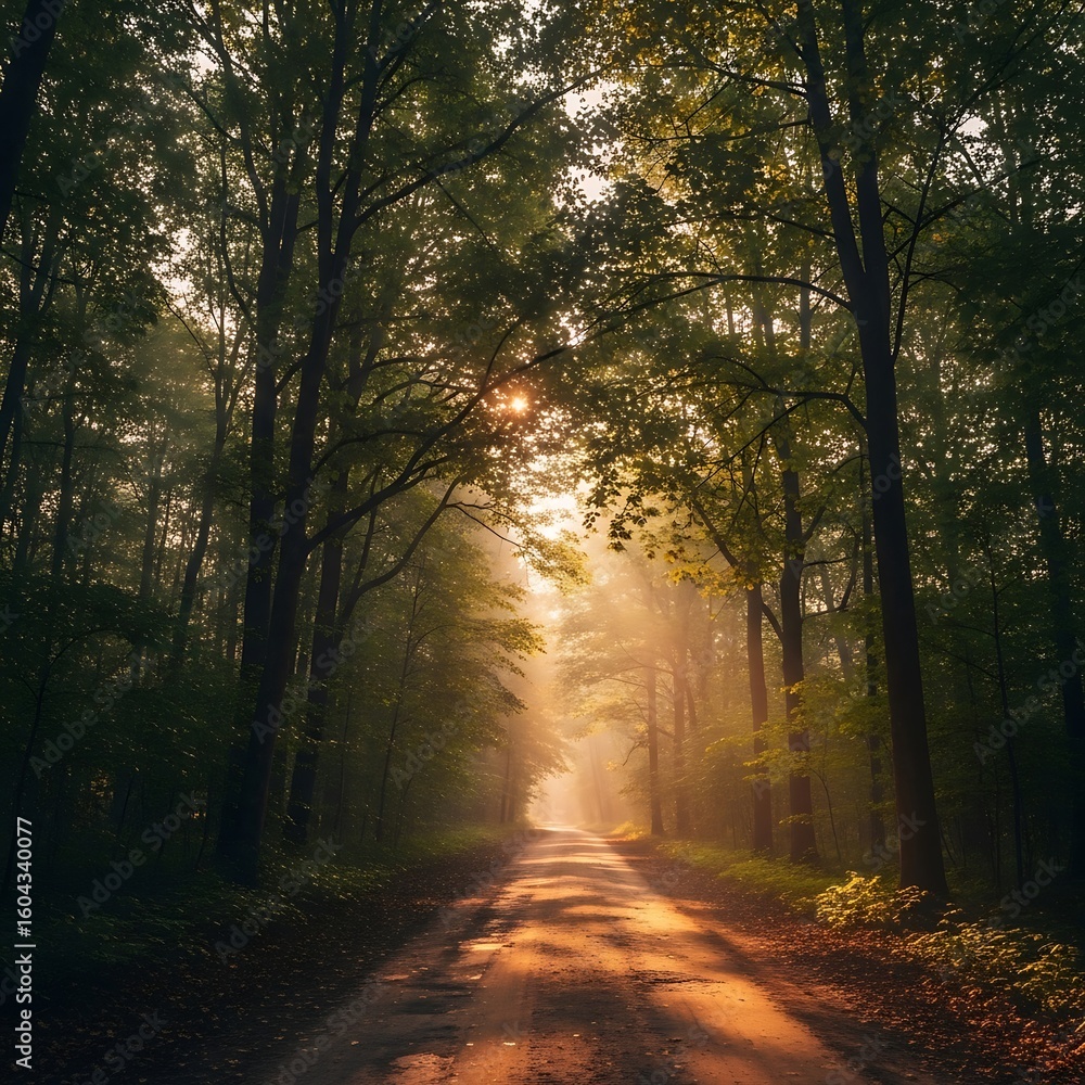 Obraz premium Sunlight streams through a misty forest path.