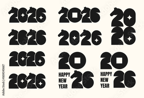 Abstract background Chinese New Year 2026. Set of silhouette of black numbers made of simple geometric shapes. Number 2 in form of horse. For cover, brochure, postcard, banner, calendar. Vector EPS10