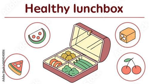 A colorful and illustrated depiction of a healthy lunchbox filled with nutritious food items surrounded by individual fruit and cheese illustrations perfect for school or work