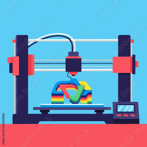 A colorful 3D printer meticulously crafts a layered, rainbow-hued object.